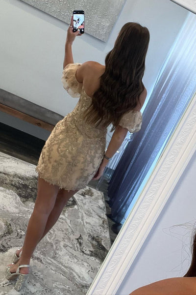 Off the Shoulder Short Champagne Lace Prom Dresses, Short Champagne Lace Formal Homecoming Dresses