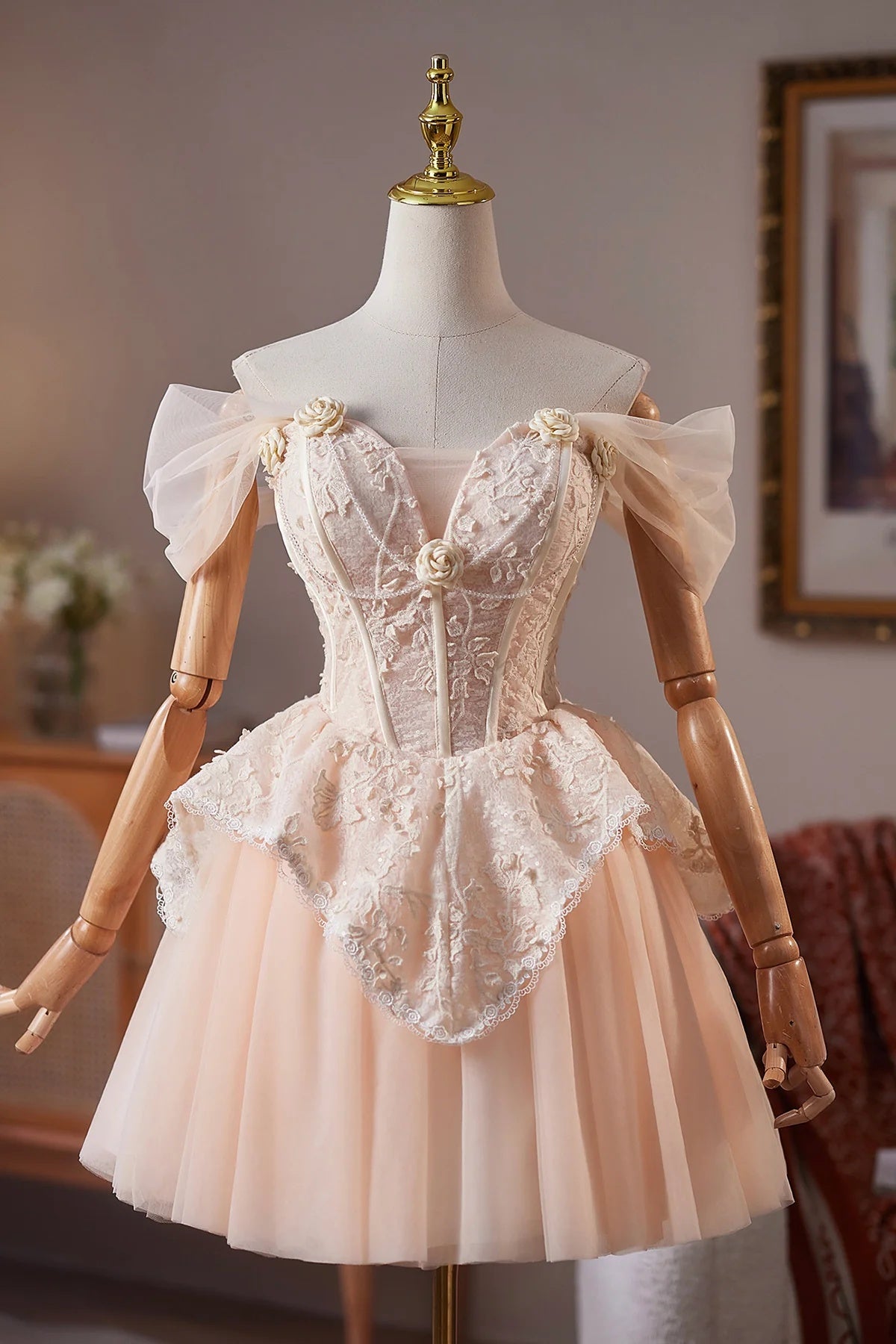Off the Shoulder Short Champagne Tulle Prom Dresses, Short Champagne Tulle Formal Homecoming Dresses
