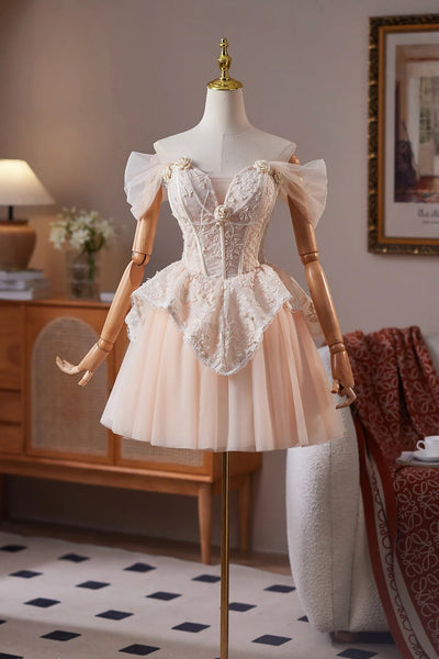 Off the Shoulder Short Champagne Tulle Prom Dresses, Short Champagne Tulle Formal Homecoming Dresses