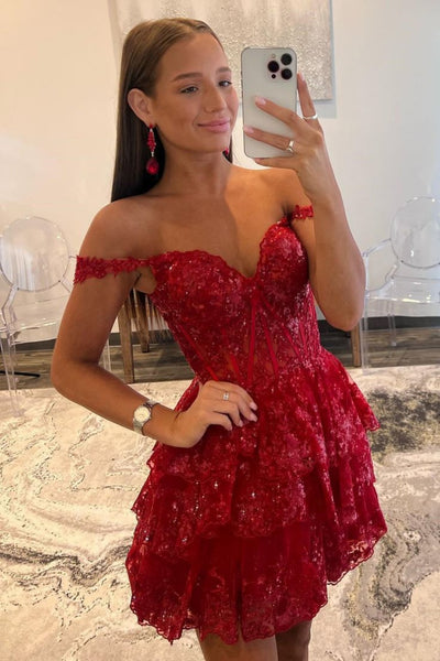 Off the Shoulder Short Purple Blue Burgundy Lace Prom Dresses, Short Lace Layered Graduation Homecoming Dresses
