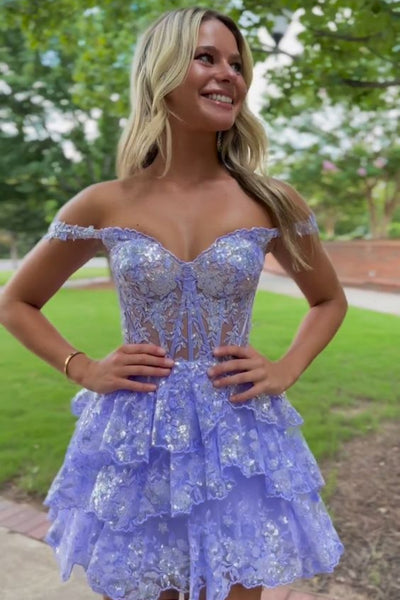 Off the Shoulder Short Purple Blue Burgundy Lace Prom Dresses, Short Lace Layered Graduation Homecoming Dresses