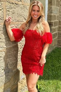 Off the Shoulder Short Red Lace Prom Dresses, Short Red Lace Formal Homecoming Dresses