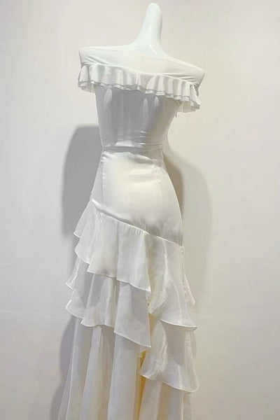 Off the Shoulder White Mermaid Layered Long Prom Dresses, White Layered Mermaid Long Formal Graduation Dresses