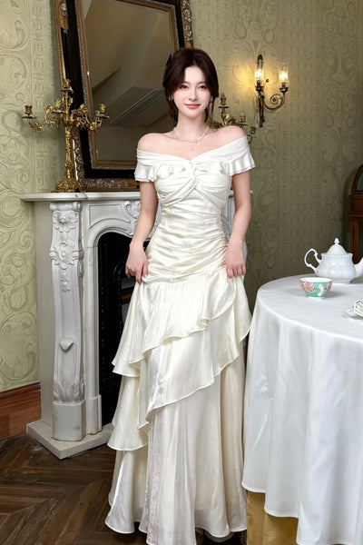 Off the Shoulder White Mermaid Layered Long Prom Dresses, White Layered Mermaid Long Formal Graduation Dresses