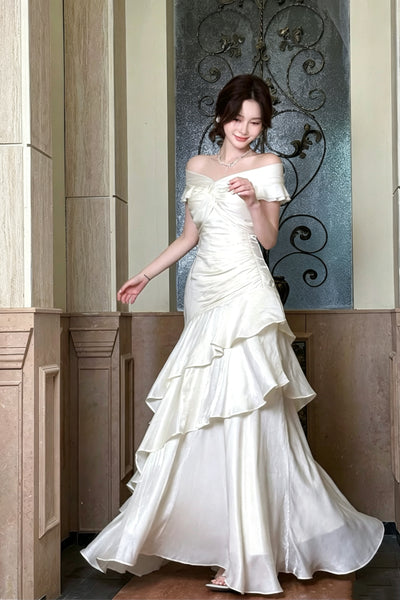 Off the Shoulder White Mermaid Layered Long Prom Dresses, White Layered Mermaid Long Formal Graduation Dresses