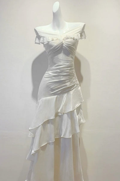 Off the Shoulder White Mermaid Layered Long Prom Dresses, White Layered Mermaid Long Formal Graduation Dresses