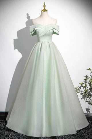 Off the Shoulderl Green Satin Long Prom Dresses, Green Satin Long Formal Graduation Dresses