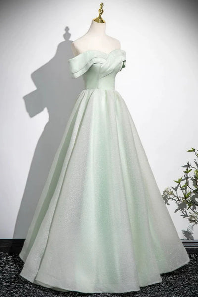 Off the Shoulderl Green Satin Long Prom Dresses, Green Satin Long Formal Graduation Dresses