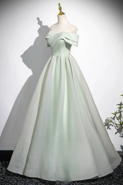 Off the Shoulderl Green Satin Long Prom Dresses, Green Satin Long Formal Graduation Dresses