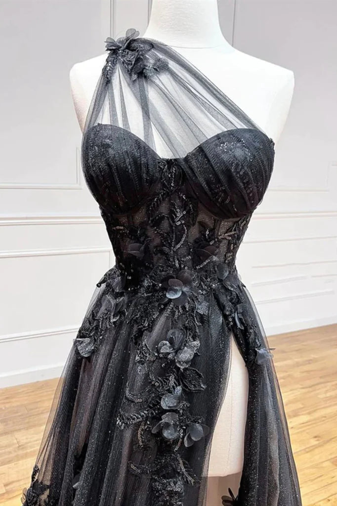 One Shoulder Black Lace Prom Dresses, One Shoulder Black Lace Formal E