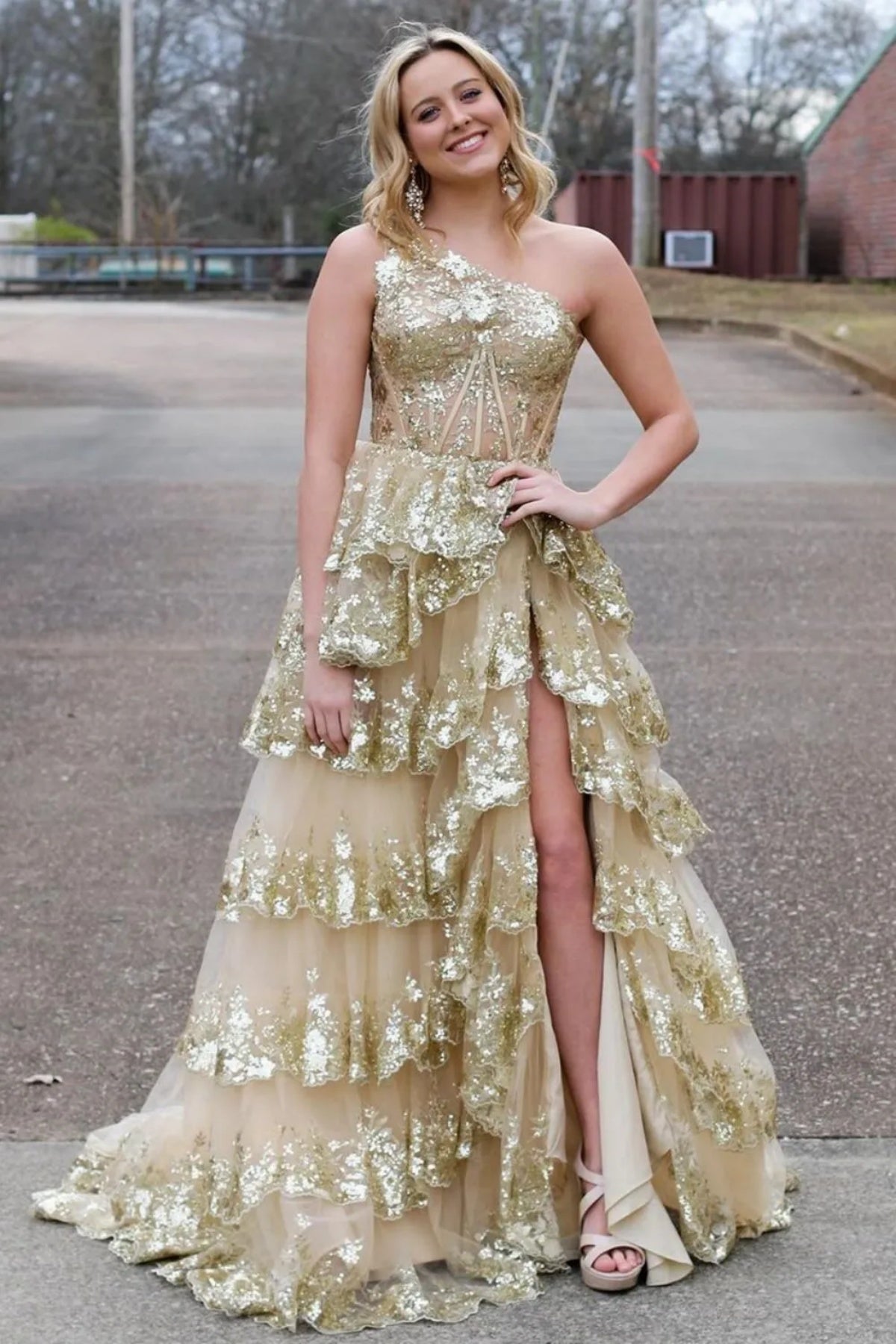 One Shoulder Blue Black Golden Layered Lace Prom Dresses, One Shoulder   Eip Collection