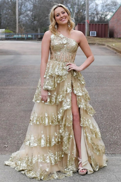 One Shoulder Blue Black Golden Layered Lace Prom Dresses, One Shoulder Lace Layered Long Formal Dresses
