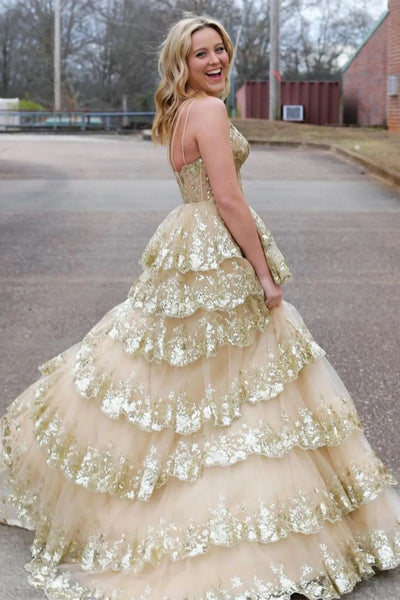 One Shoulder Blue Black Golden Layered Lace Prom Dresses, One Shoulder Lace Layered Long Formal Dresses
