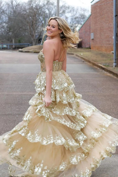One Shoulder Blue Black Golden Layered Lace Prom Dresses, One Shoulder Lace Layered Long Formal Dresses