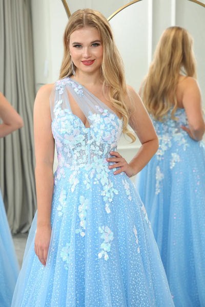 One Shoulder Blue Lace Prom Dresses, Blue One Shoulder Lace Formal Evening Dresses