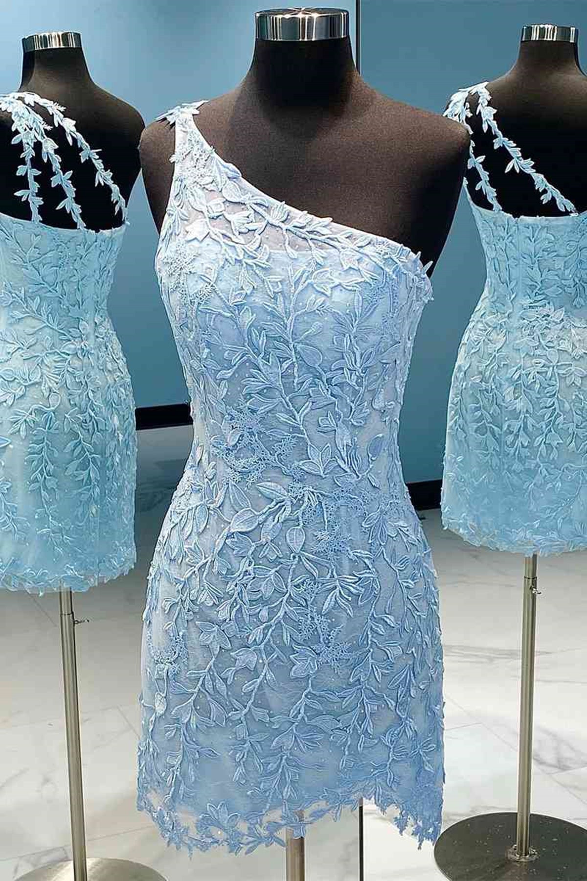 One Shoulder Blue Pink White Short Lace Prom Dresses, Short Lace Formal Homecoming Dresses