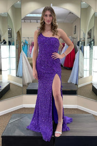 One Shoulder Purple Sequins Mermaid Long Prom Dresses, One Shoulder Purple Sequins Long Formal Evening Dresses