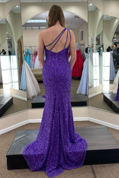 One Shoulder Purple Sequins Mermaid Long Prom Dresses, One Shoulder Purple Sequins Long Formal Evening Dresses