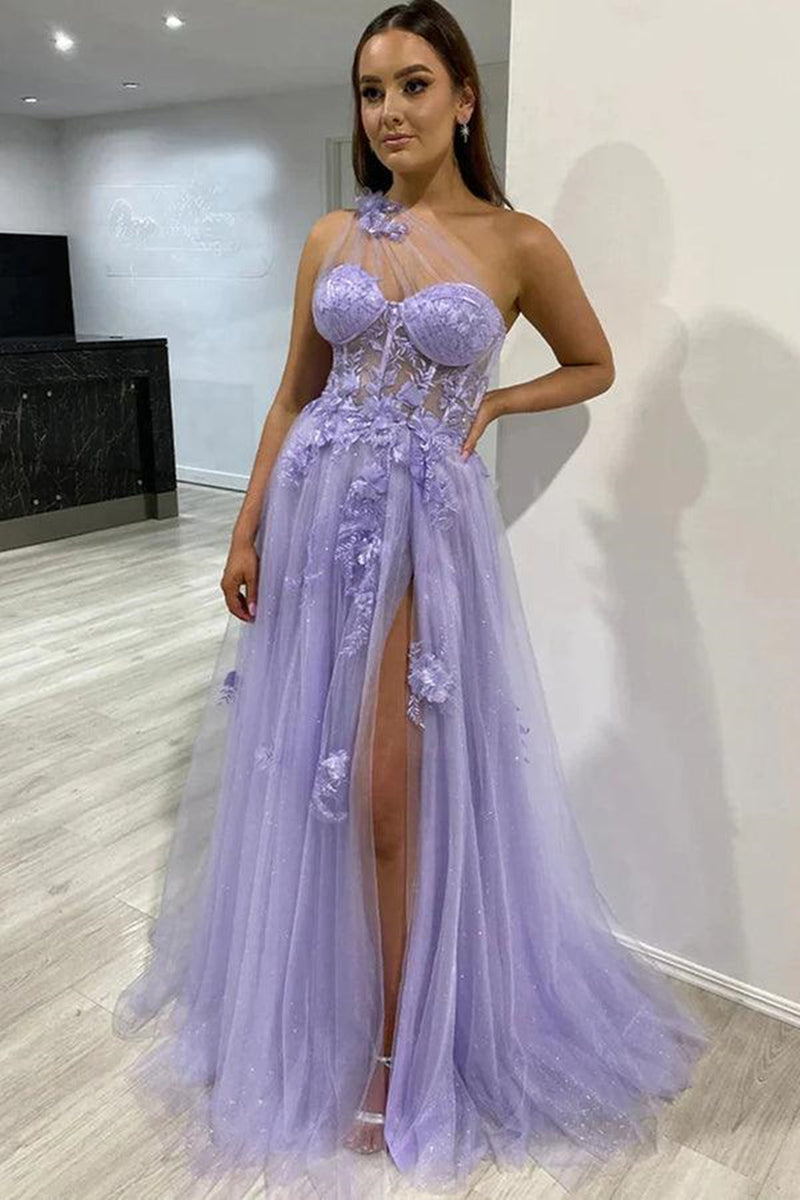One Shoulder Purple Tulle Long Prom Dresses with Flowers, Lilac Floral