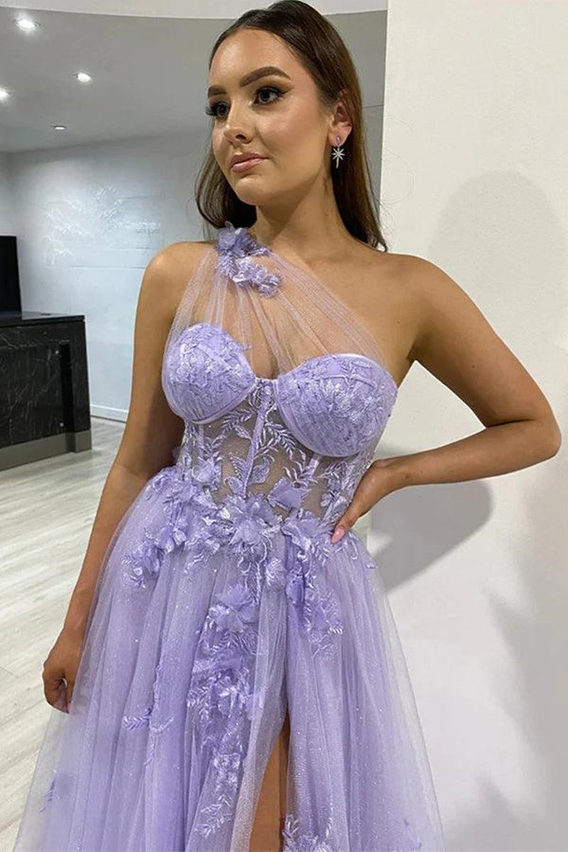 One Shoulder Purple Tulle Long Prom Dresses with Flowers, Lilac Floral