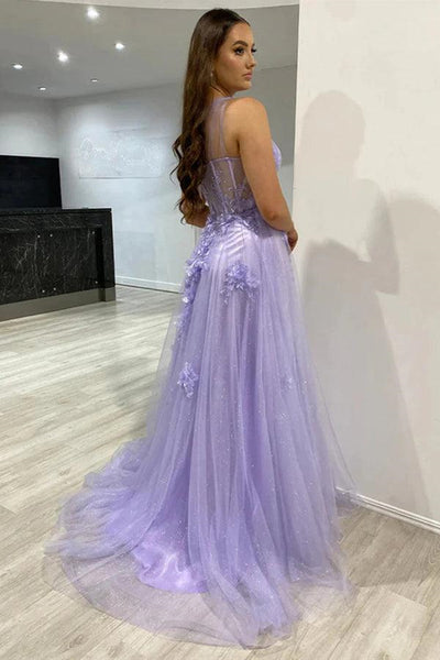 One Shoulder Purple Tulle Long Prom Dresses with Flowers, Lilac Floral Formal Dresses with High Slit, Purple Evening Dresses