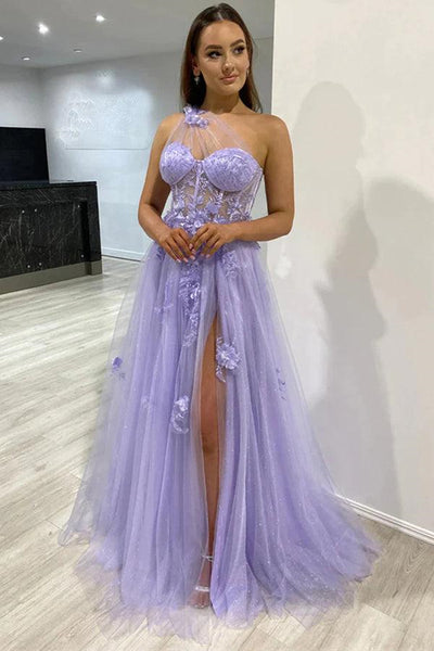 One Shoulder Purple Tulle Long Prom Dresses with Flowers, Lilac Floral Formal Dresses with High Slit, Purple Evening Dresses