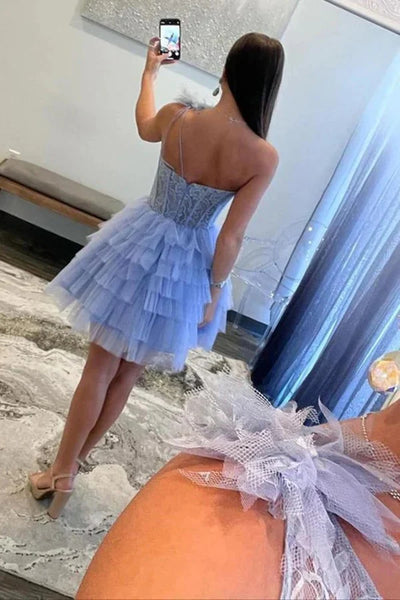 One Shoulder Ruffle Blue Lace Prom Dresses, Blue Lace Homecoming Dresses, Short Blue Formal Graduation Evening Dresses