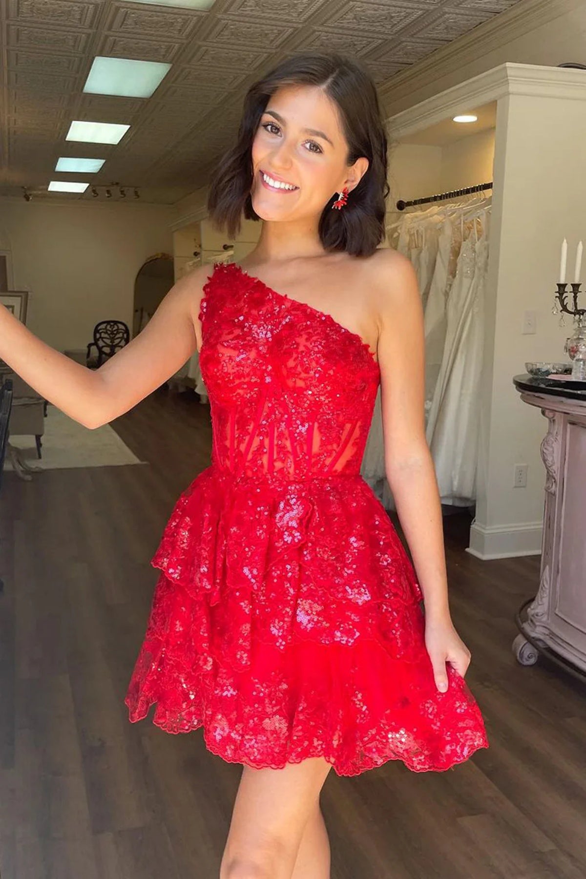 One Shoulder Short Red Lace Prom Dresses, One Shoulder Short Red Lace Formal Graduation Dresses