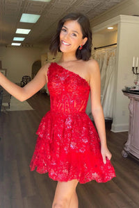 One Shoulder Short Red Lace Prom Dresses, One Shoulder Short Red Lace Formal Graduation Dresses