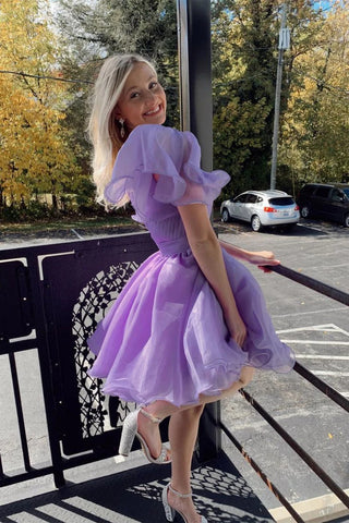 One Shoulder Short White Purple Red Ruffle Tulle Prom Dresses, One Shoulder Short Homecoming Dresses