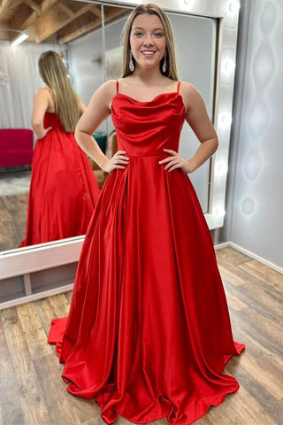 Open Back A Line Red Satin Long Prom Dresses, Long Red Formal Graduation Evening Dresses