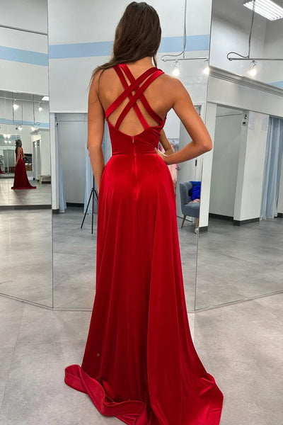 Open Back A Line V Neck Red Velvet Long Prom Dresses with High Slit, Red Velvet Formal Graduation Evening Dresses