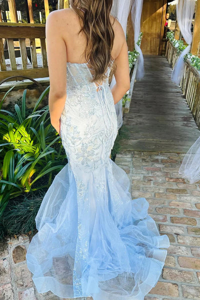 Open Back Mermaid Light Blue Lace Long Prom Dresses, Mermaid Light Blue Formal Dresses, Light Blue Lace Evening Dresses