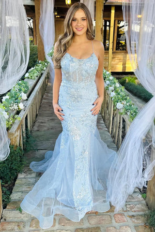 Open Back Mermaid Light Blue Lace Long Prom Dresses, Mermaid Light Blue Formal Dresses, Light Blue Lace Evening Dresses