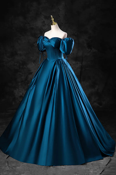 Peacock Blue Long Satin Prom Dresses, Peacock Blue Long Satin Formal Evening Dresses