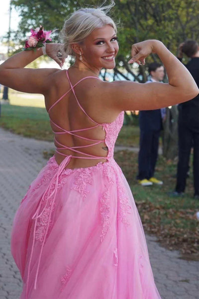 Pink Backless Lace Prom Dresses, Open Back Pink Lace Formal Evening Dresses
