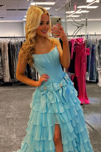 Pink Blue Yellow Layered Long Prom Dresses, Long Layered Formal Dresses