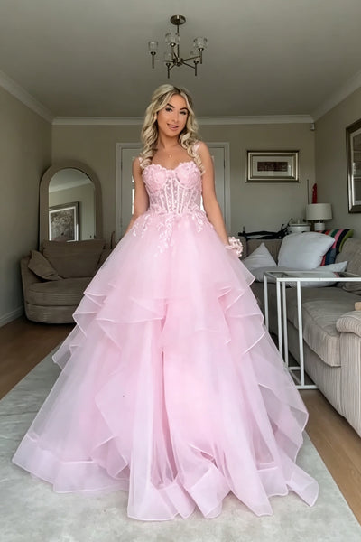 Pink Puffy Lace Prom Dresses, Pink Long Lace Formal Evening Dresses