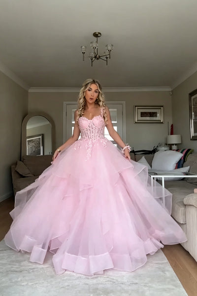 Pink Puffy Lace Prom Dresses, Pink Long Lace Formal Evening Dresses