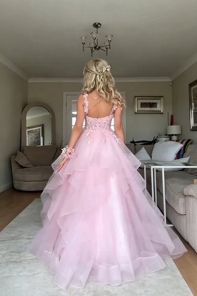 Pink Puffy Lace Prom Dresses, Pink Long Lace Formal Evening Dresses