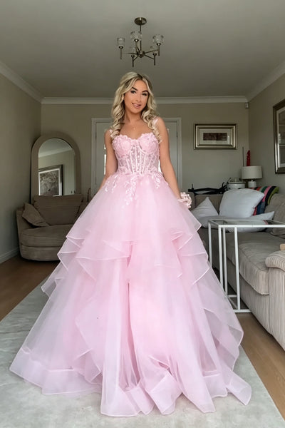 Pink Puffy Lace Prom Dresses, Pink Long Lace Formal Evening Dresses