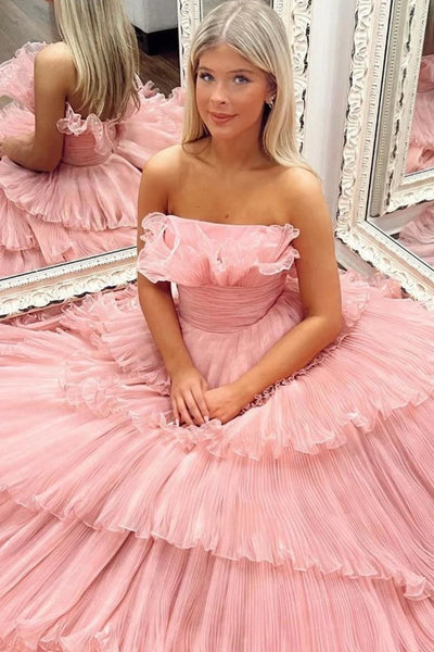 Pink Tulle Layered Long Prom Dresses, Pink Tulle Layered Long Formal Evening Dresses