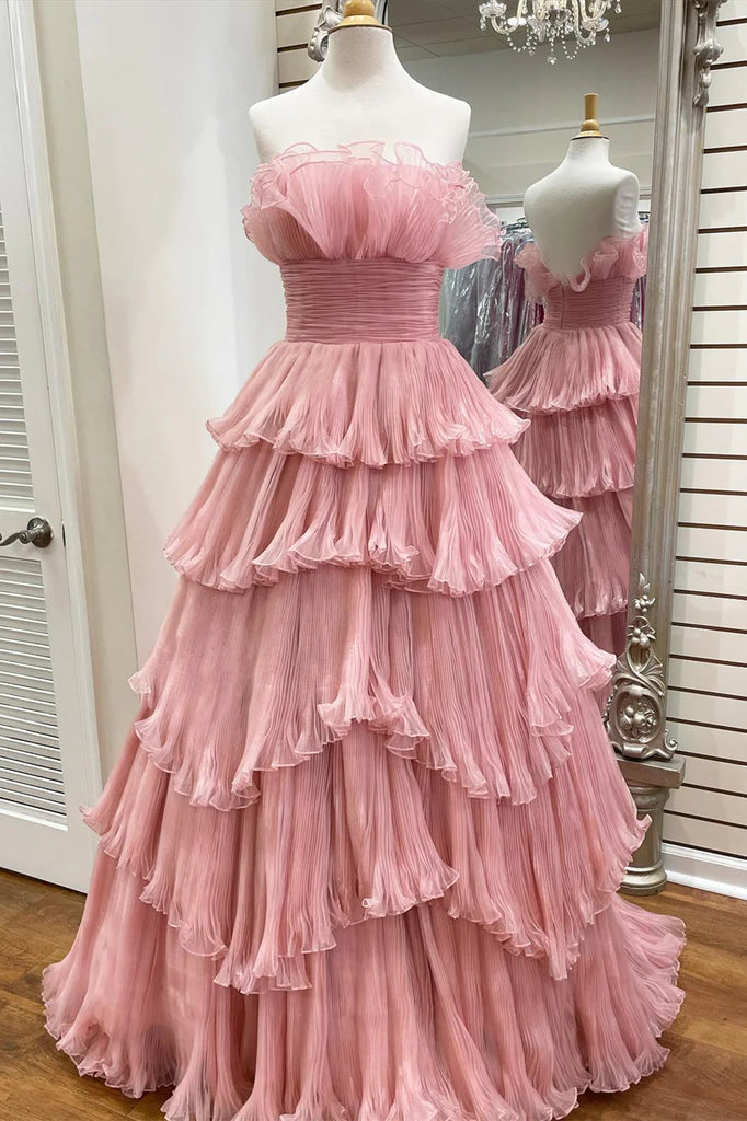 Pink Tulle Layered Long Prom Dresses, Pink Tulle Layered Long Formal E Eip Collection Pink Tulle Layered Long Prom Dresses, Pink Tulle Layered Long Formal E Eip Collection