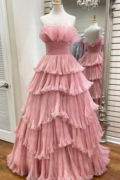 Pink Tulle Layered Long Prom Dresses, Pink Tulle Layered Long Formal Evening Dresses
