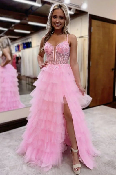 Pink V Neck Layered Beaded Prom Dresses, Pink Beaded Formal Dresses