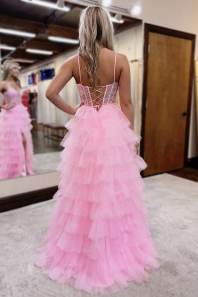 Pink V Neck Layered Beaded Prom Dresses, Pink Beaded Formal Dresses
