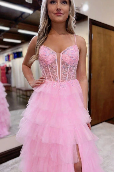 Pink V Neck Layered Beaded Prom Dresses, Pink Beaded Formal Dresses