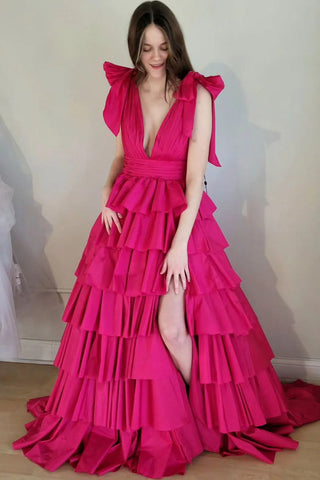 Plunging V Neck Ruffled Long Prom Dresses, V Neck Ruffled Long Formal Evening Dresses
