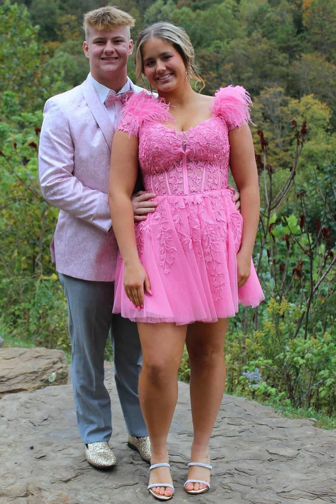 Princess A Line Sweetheart Neck Hot Pink/Black Lace Short Prom Dresses Eip Collection Princess A Line Sweetheart Neck Hot Pink/Black Lace Short Prom Dresses Eip Collection