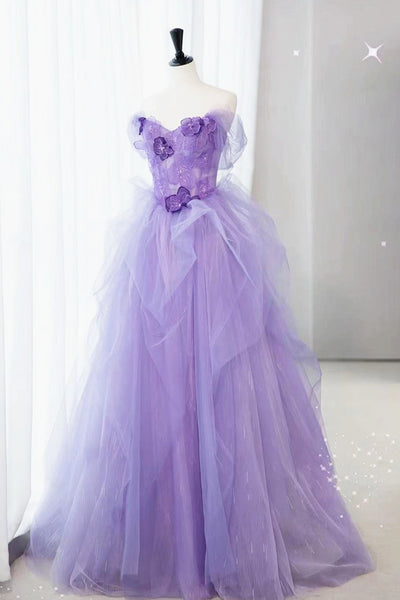 Purple Lace Floral Tulle Long Prom Dresses, Purple Tulle Long Lace Formal Evening Dresses